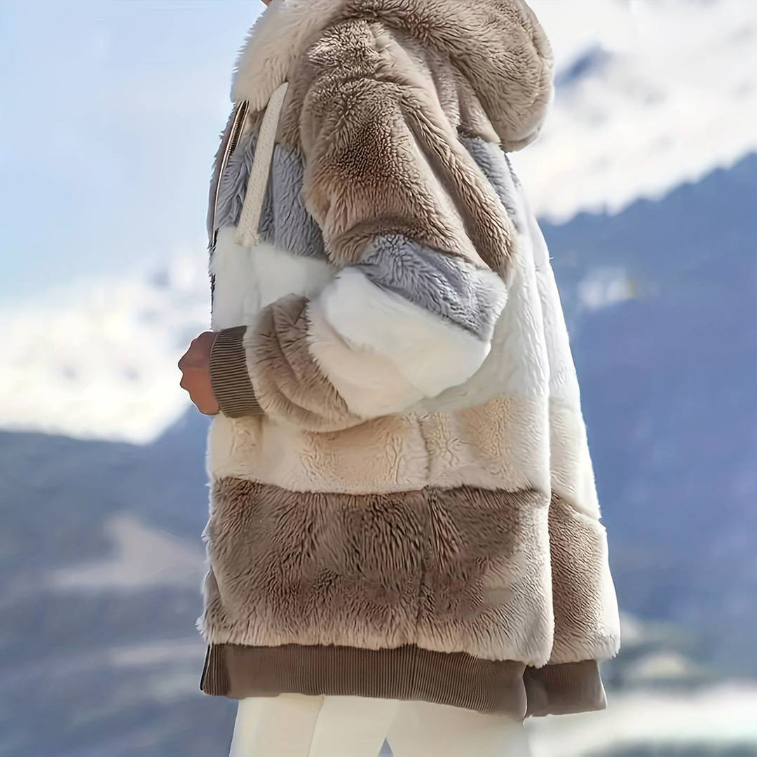Harriet Teddy Jacket with Hood and Color-Block Stripes