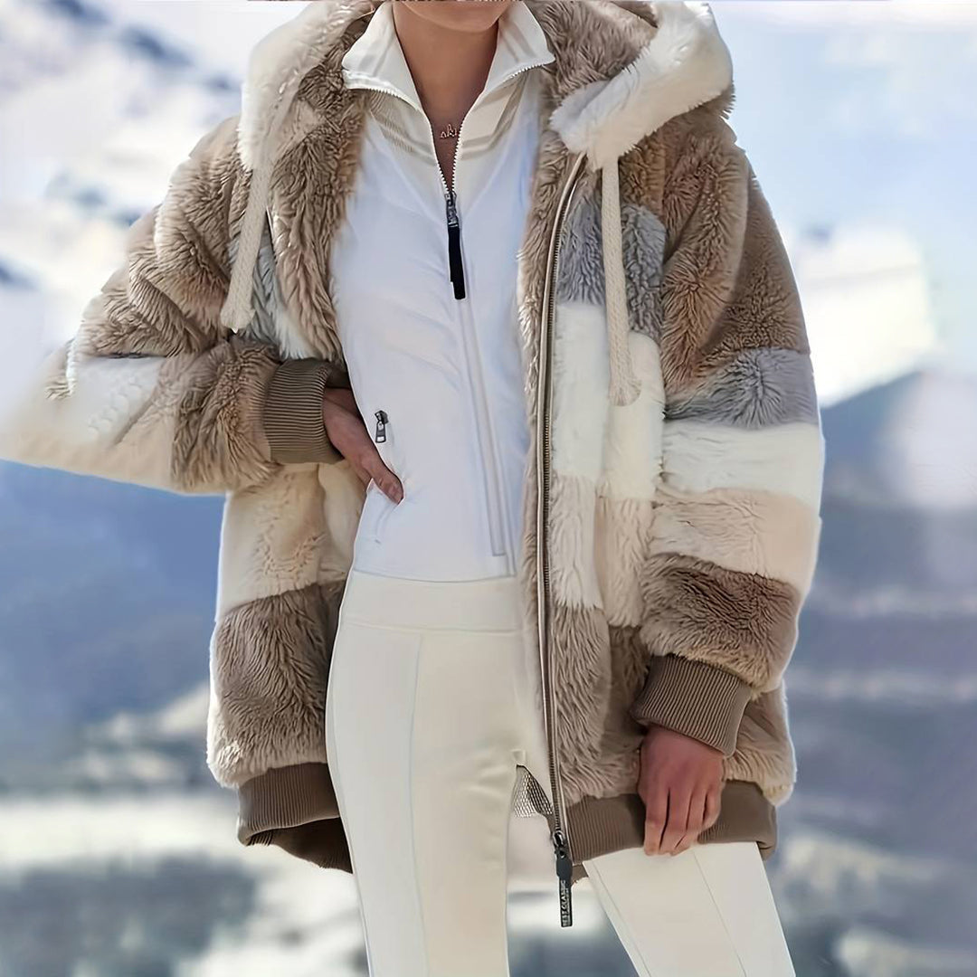 Harriet Teddy Jacket with Hood and Color-Block Stripes - Khaki