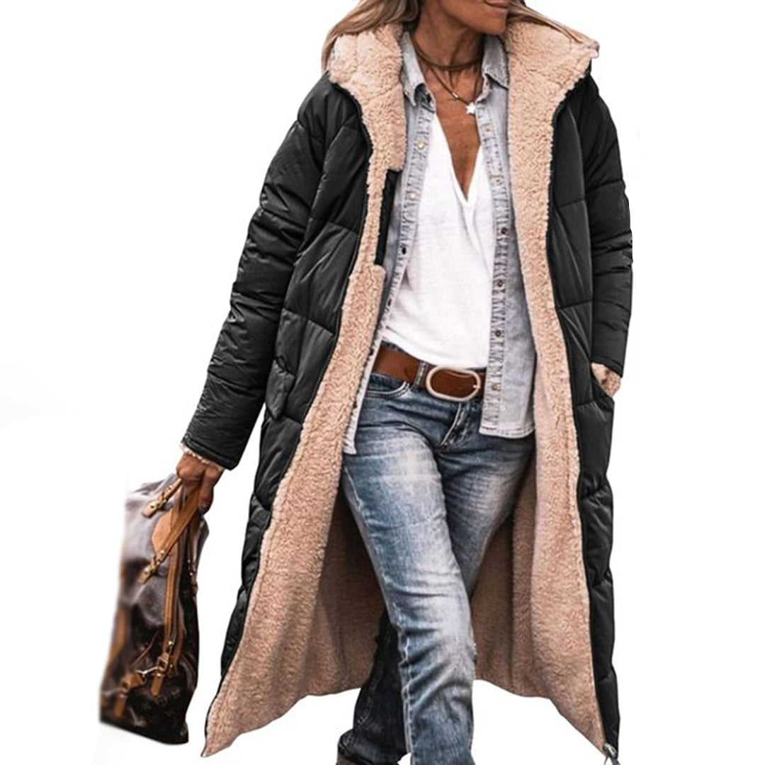 Hazel Quilted Longline Coat with Plush Hood for Women - Black