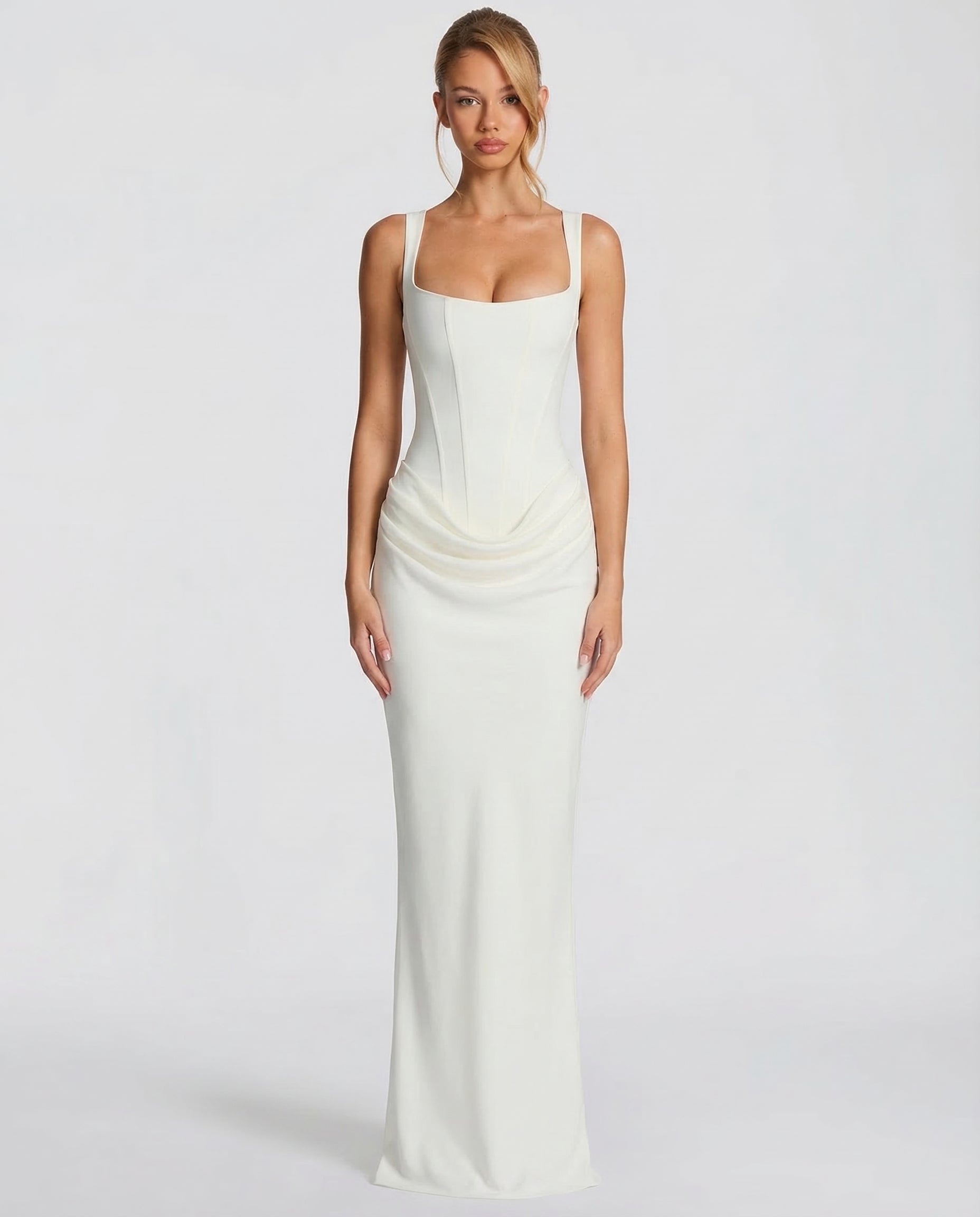 Helene Maxi Dress with Square Neckline and Draped Skirt - Ivory