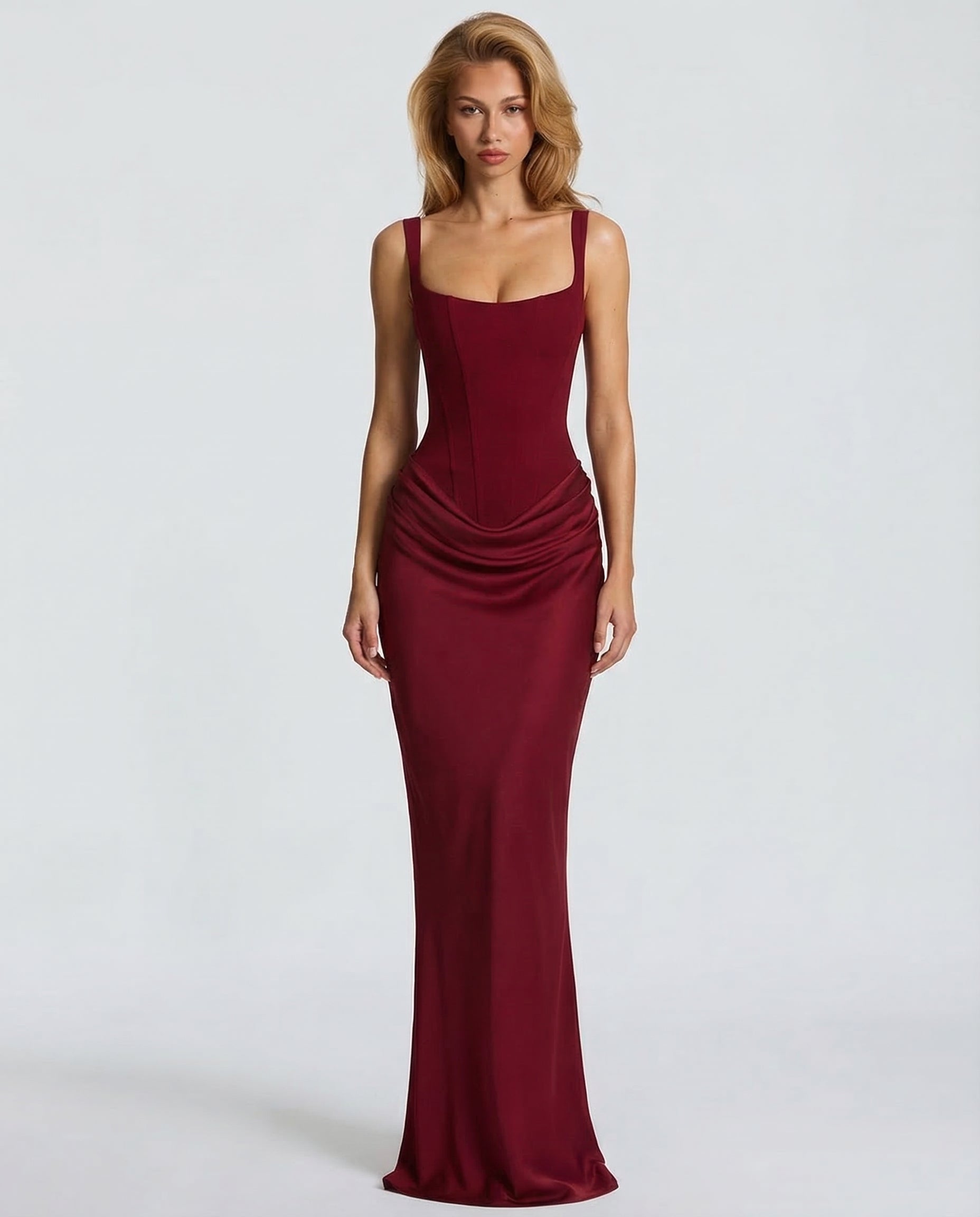 Helene Maxi Dress with Square Neckline and Draped Skirt - Burgundy