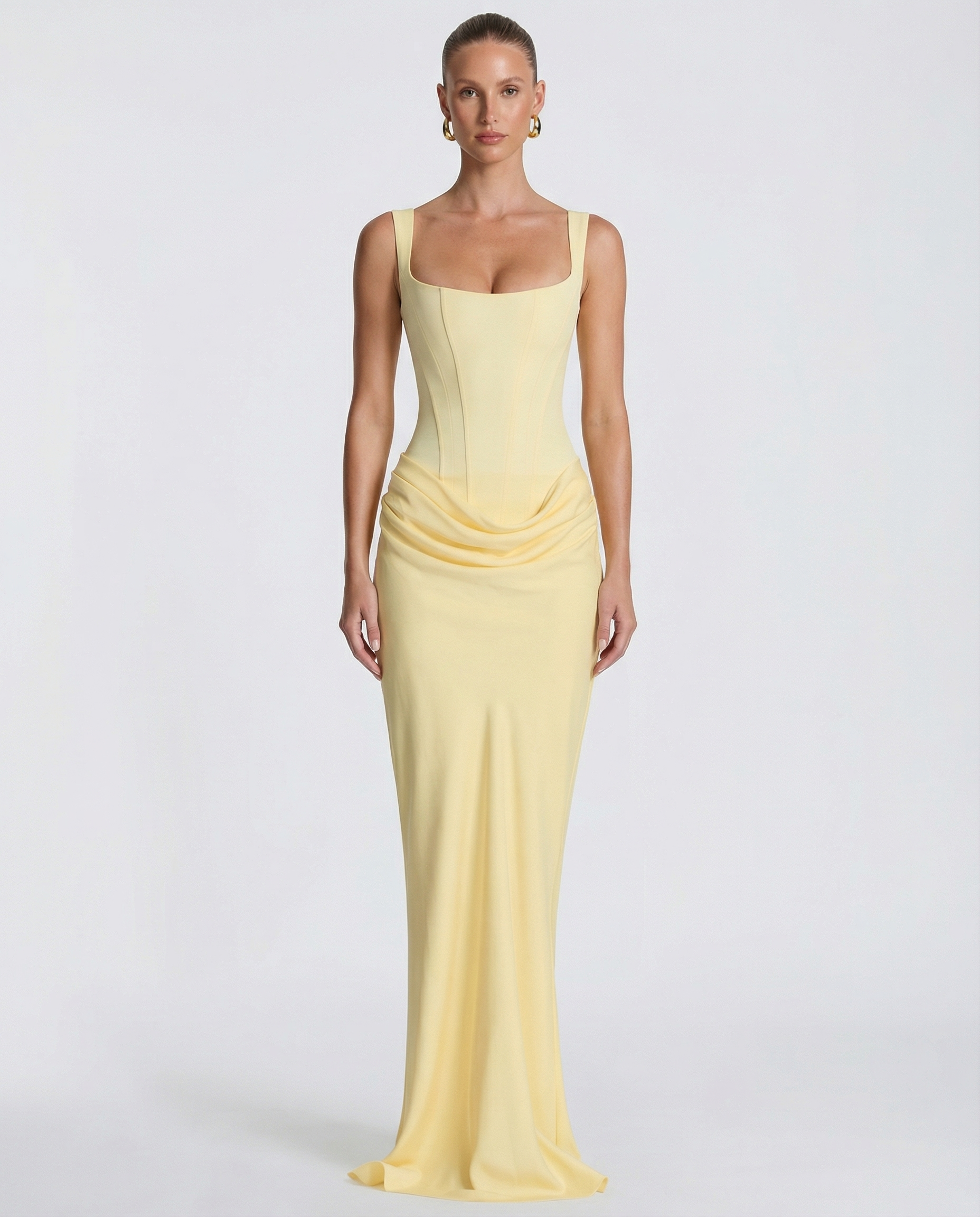 Helene Maxi Dress with Square Neckline and Draped Skirt - Light Yellow