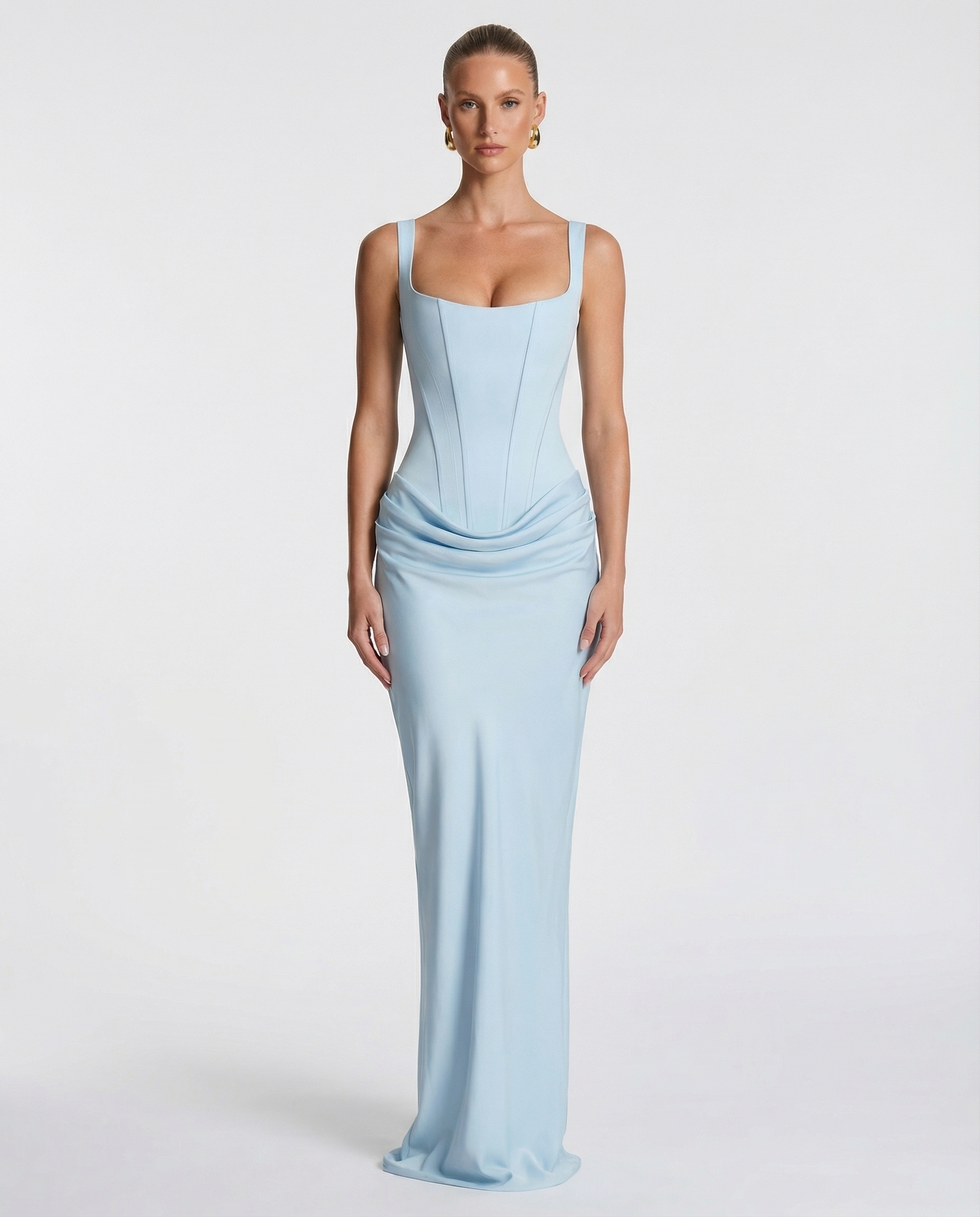 Helene Maxi Dress with Square Neckline and Draped Skirt - Light Blue