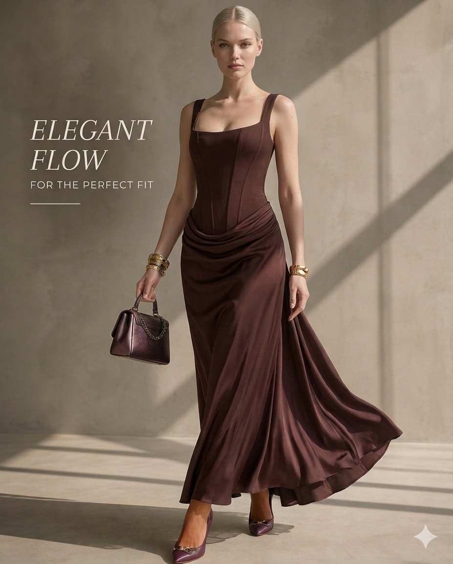 Helene Maxi Dress with Square Neckline and Draped Skirt
