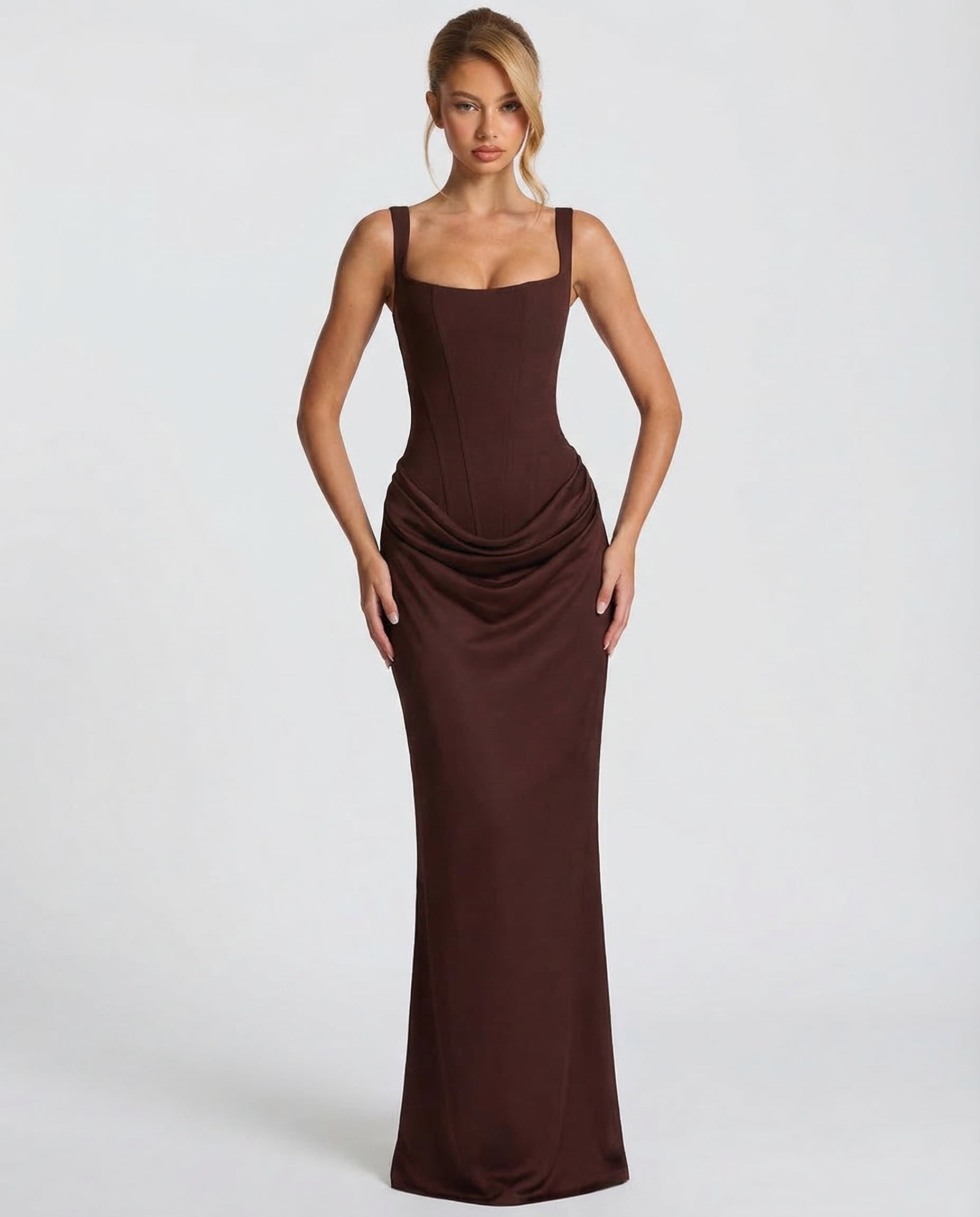Helene Maxi Dress with Square Neckline and Draped Skirt