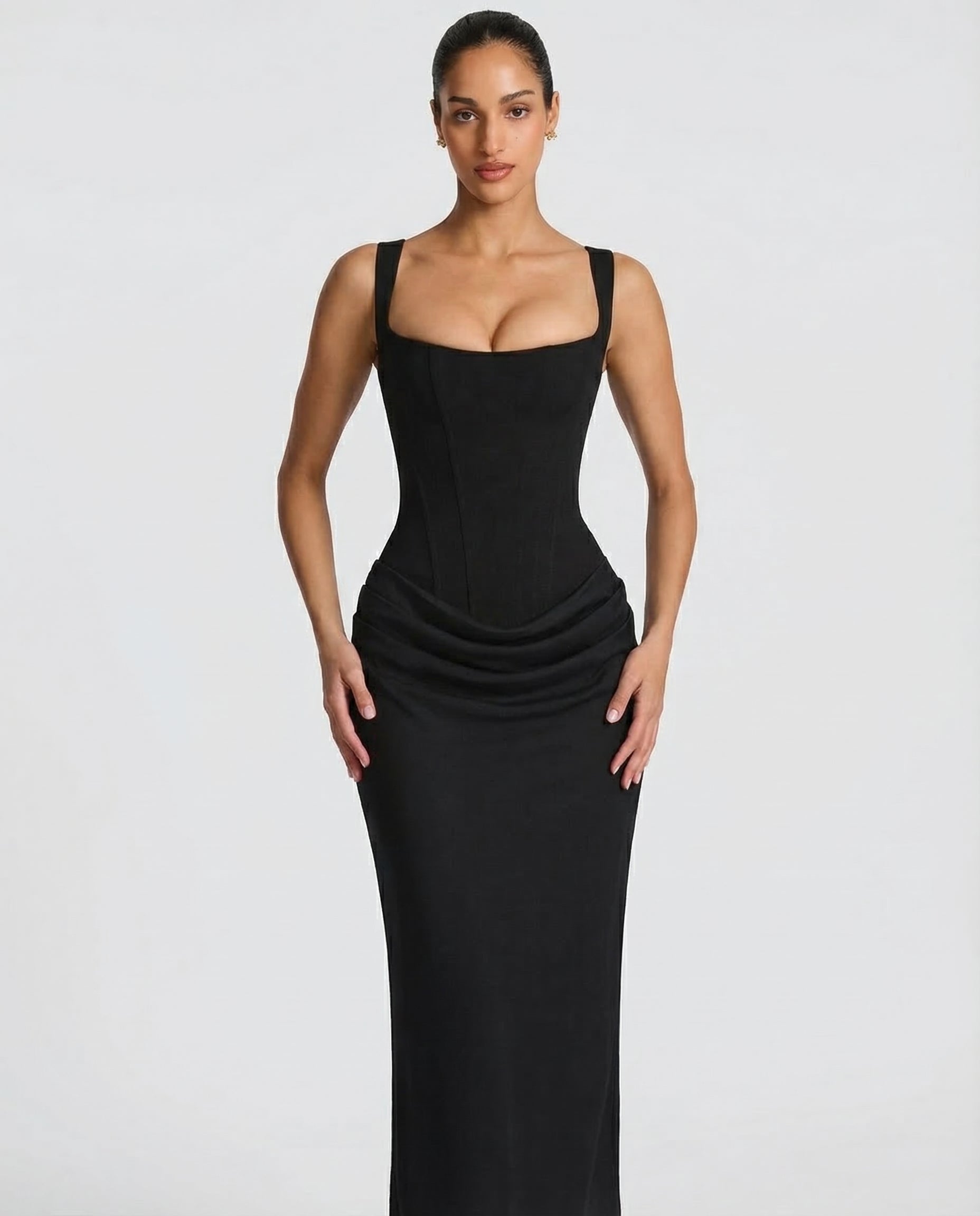Helene Maxi Dress with Square Neckline and Draped Skirt