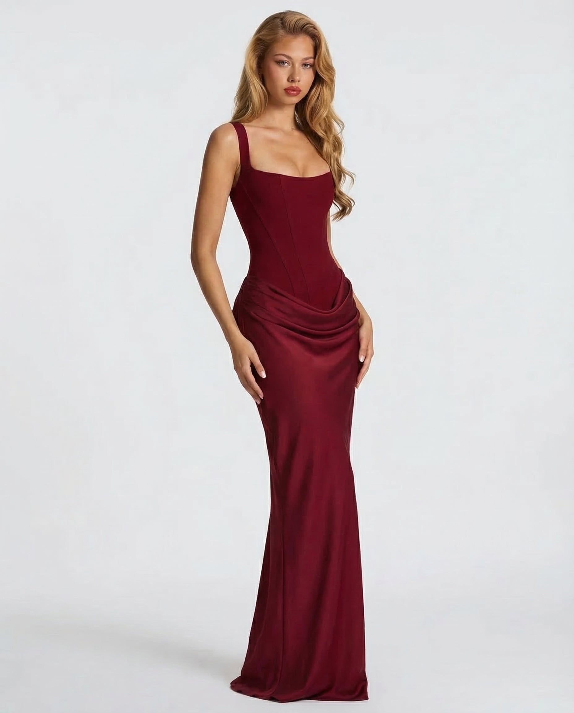 Helene Maxi Dress with Square Neckline and Draped Skirt