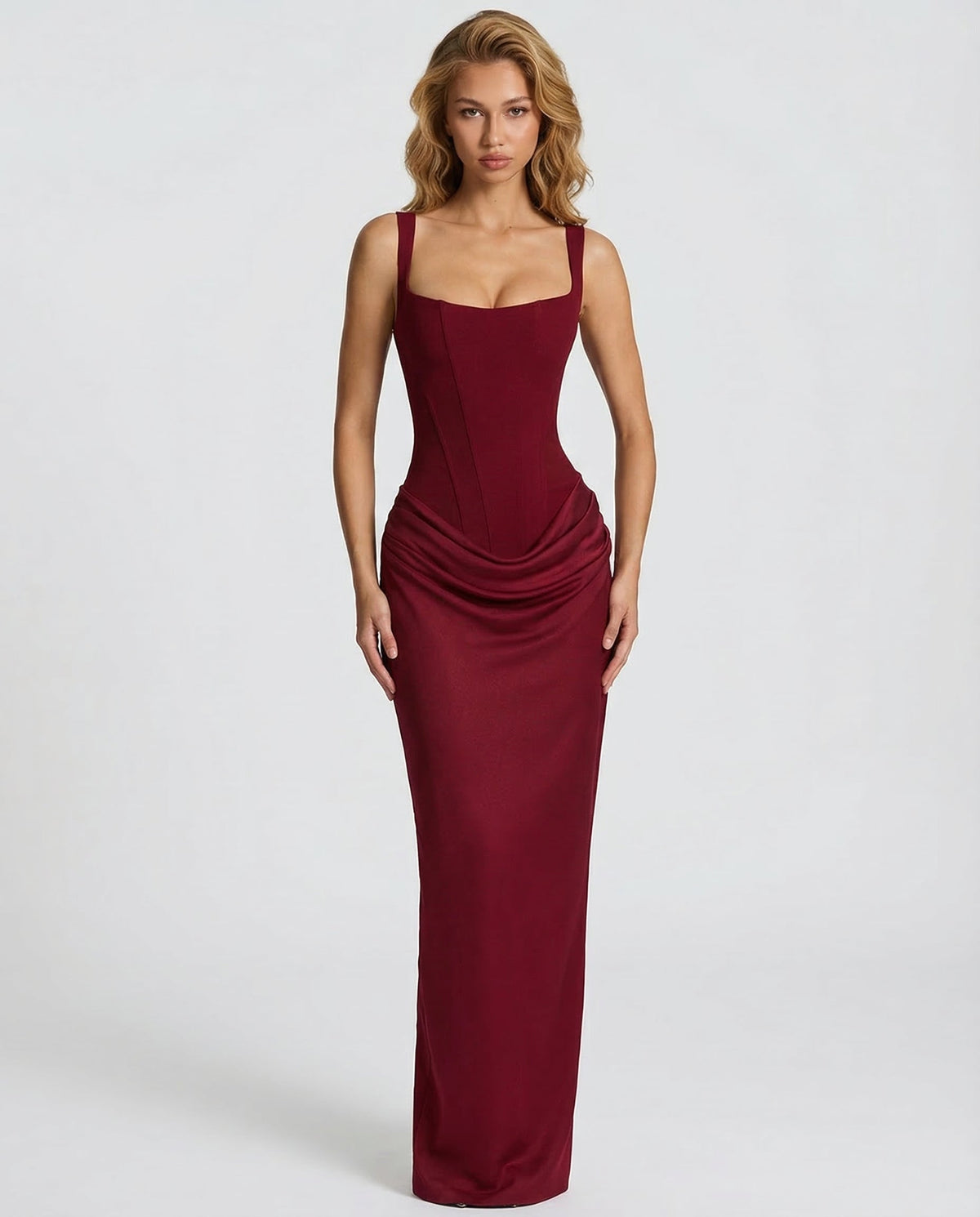 Helene Maxi Dress with Square Neckline and Draped Skirt