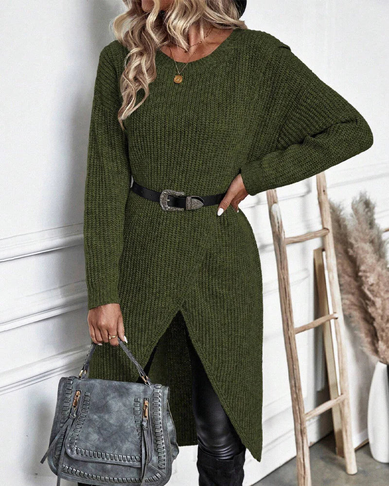 Imogen Knit Sweater Dress with Wrap Hem for Women - Green