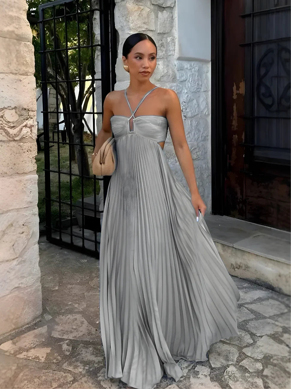 Iris Pleated Dress with Halter Neckline and Ruffle Hem - Gray