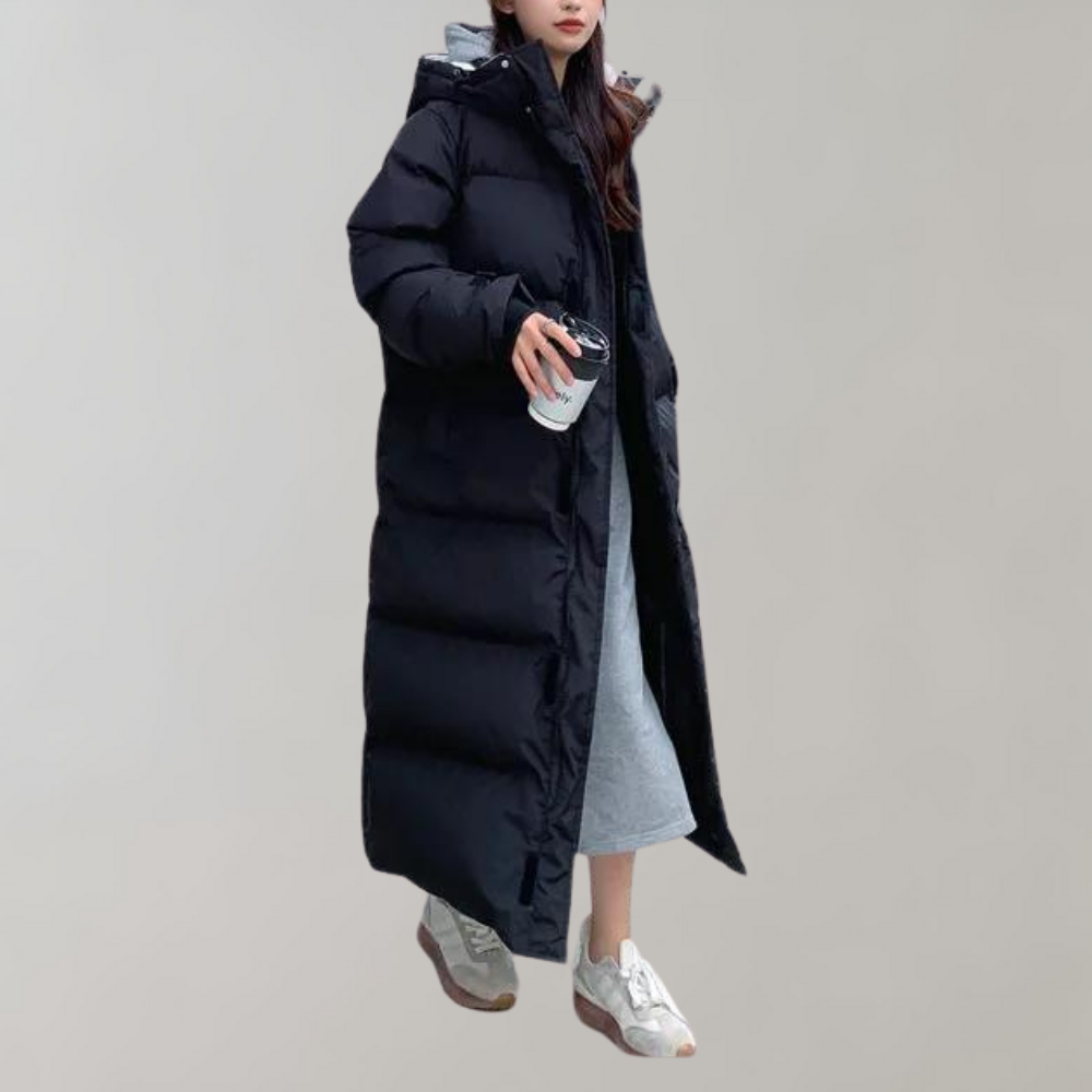 Jaana Longline Puffer Coat with Hood for Women - Black