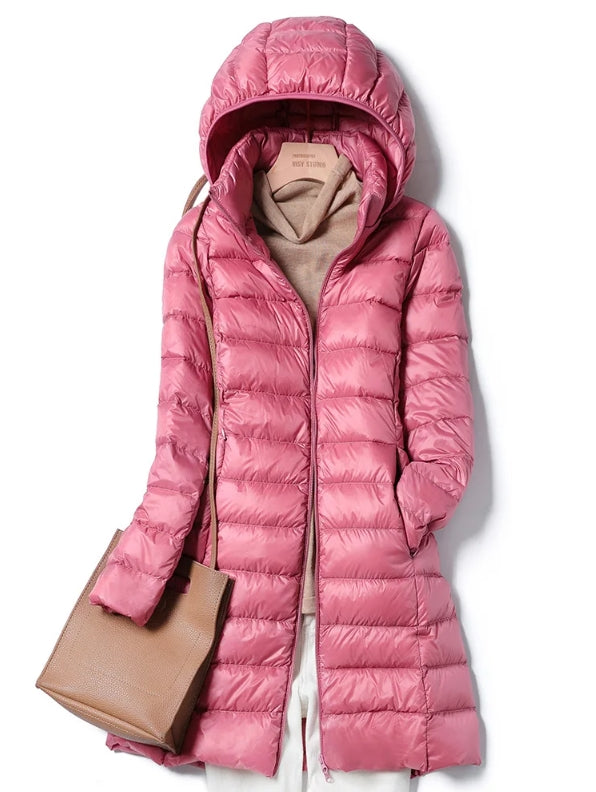 Jasmine Quilted Longline Jacket with Hood for Women - Soft Pink