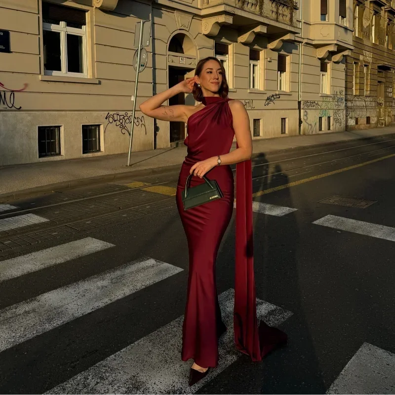 Juna Satin Maxi Dress with One-Shoulder Scarf Drape - Wine Red