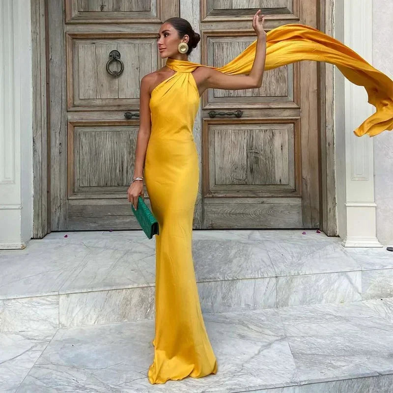 Juna Satin Maxi Dress with One-Shoulder Scarf Drape - Yellow
