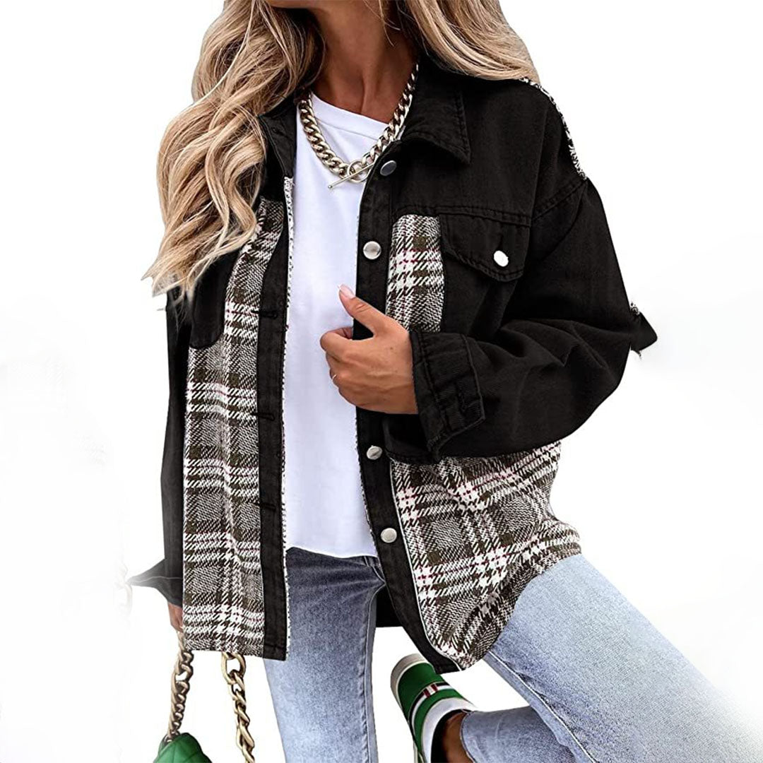 Kaia Plaid Contrast Jacket with Chest Pockets - Black
