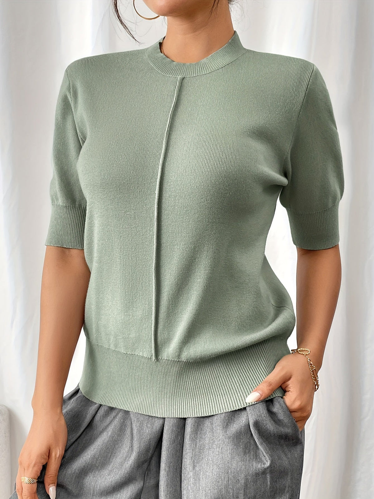 Katarina Knit Top with Mock Neckline and Elbow Sleeves - Olive Green