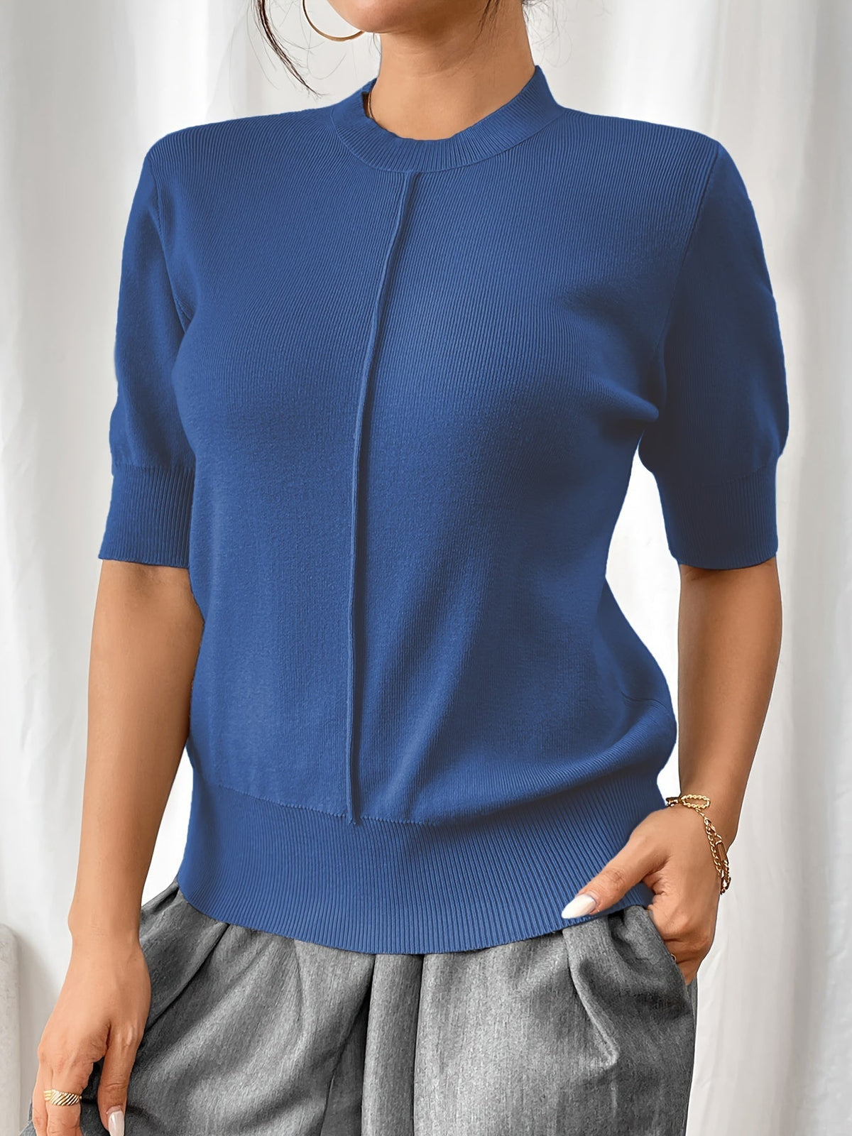 Katarina Knit Top with Mock Neckline and Elbow Sleeves - Royal Blue
