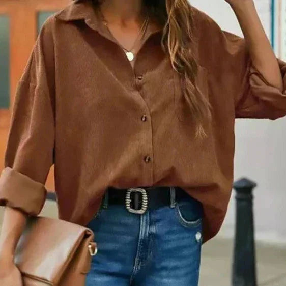 Kelsey Corduroy Blouse with Button Front for Women - Coffee