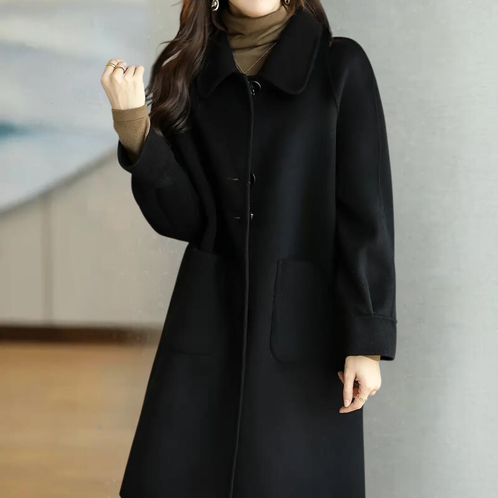 Leilana Wool-Look Coat with Button Front and Patch Pockets - Black