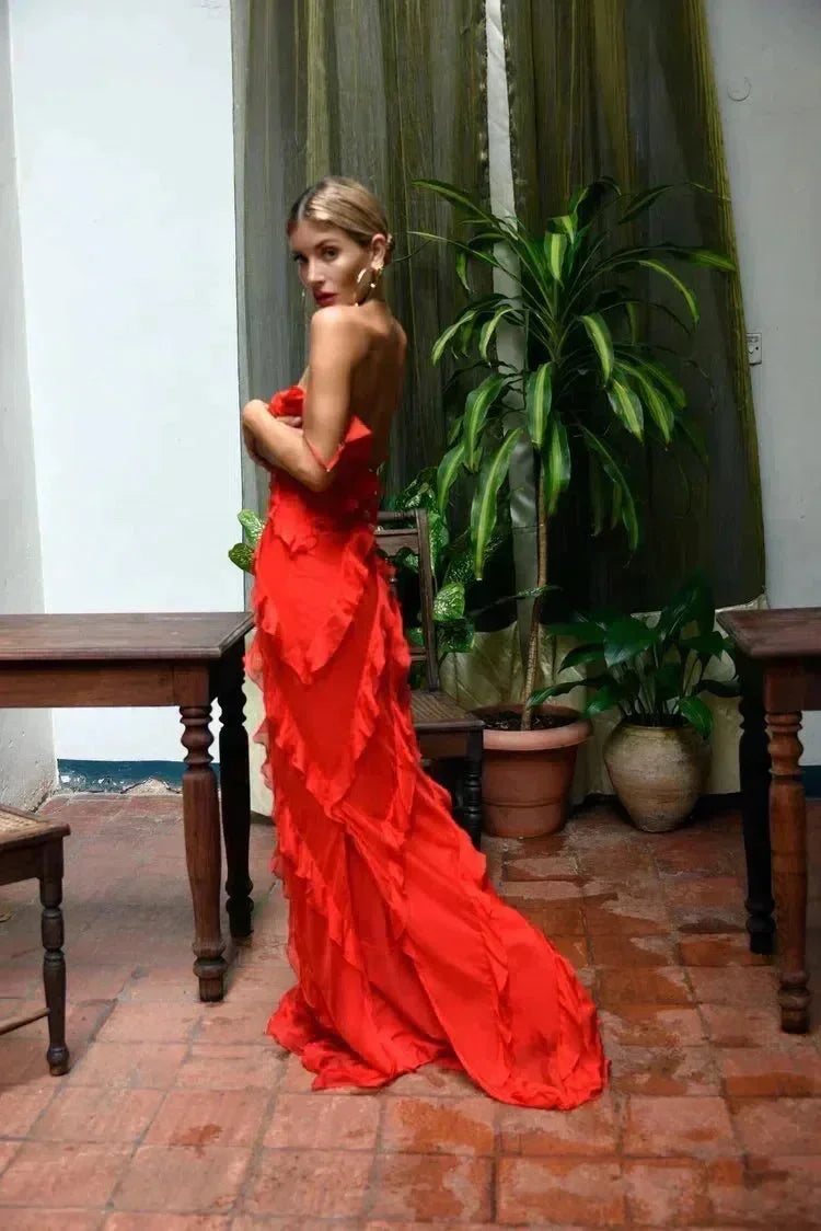 Leonie Maxi Dress with Slim Straps and Ruffle Details