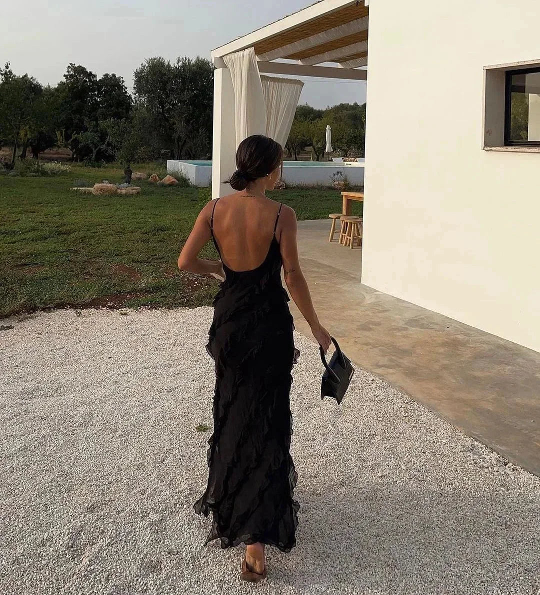 Leonie Maxi Dress with Slim Straps and Ruffle Details
