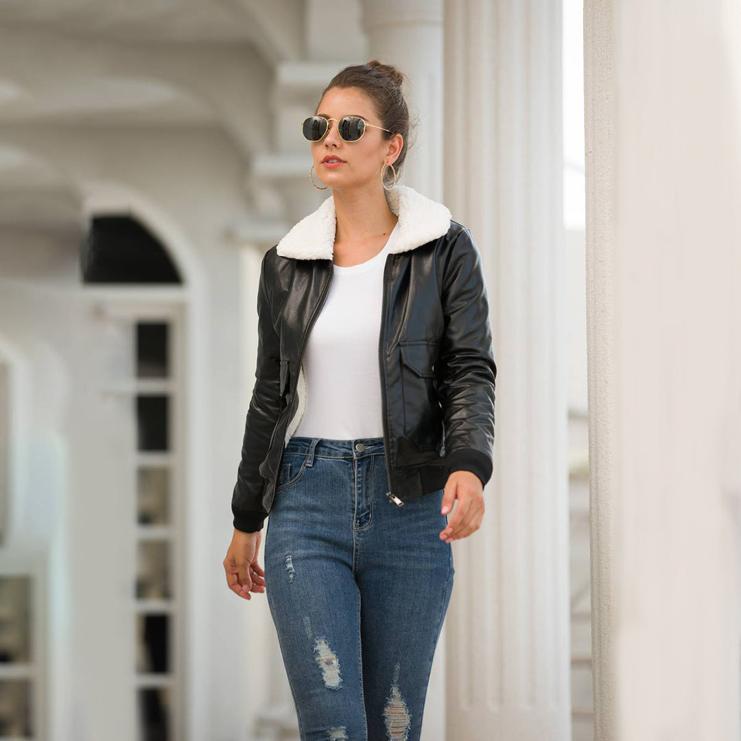 Lillie Leather-Look Bomber Jacket with Plush Collar