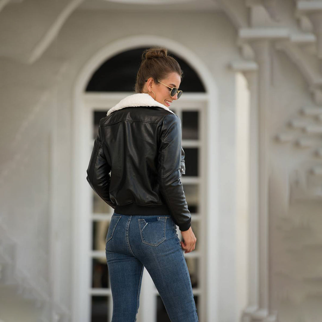 Lillie Leather-Look Bomber Jacket with Plush Collar