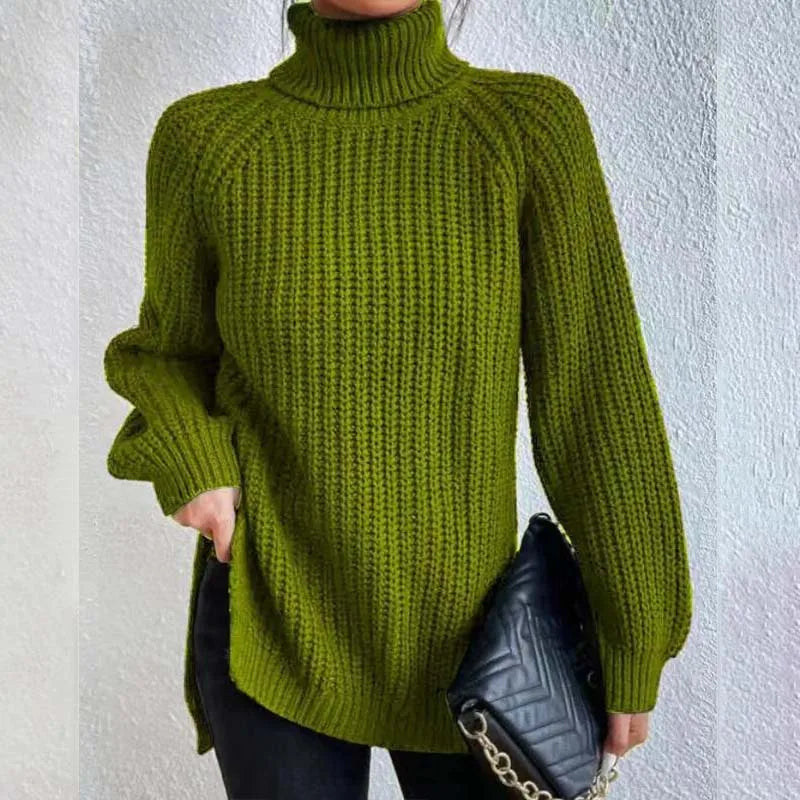 Lily Chunky Ribbed Sweater with High Turtleneck - Pea Green