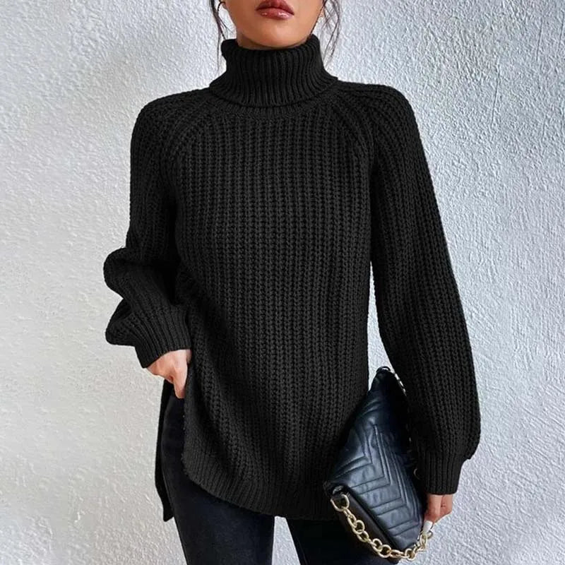 Lily Chunky Ribbed Sweater with High Turtleneck - Black