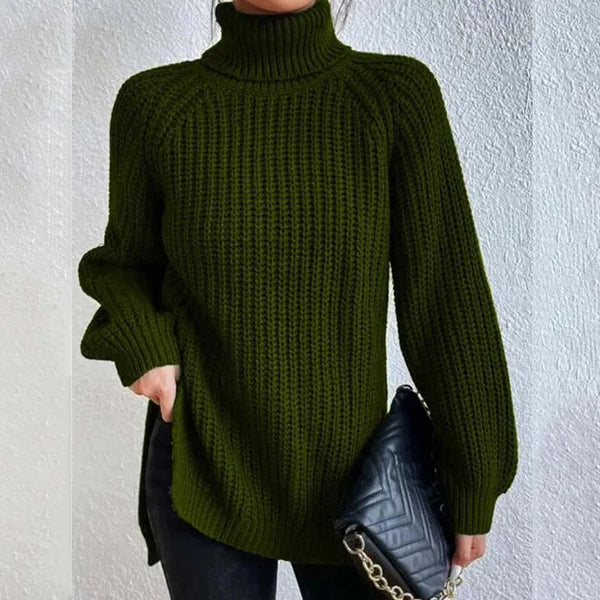 Lily Chunky Ribbed Sweater with High Turtleneck - Army Green