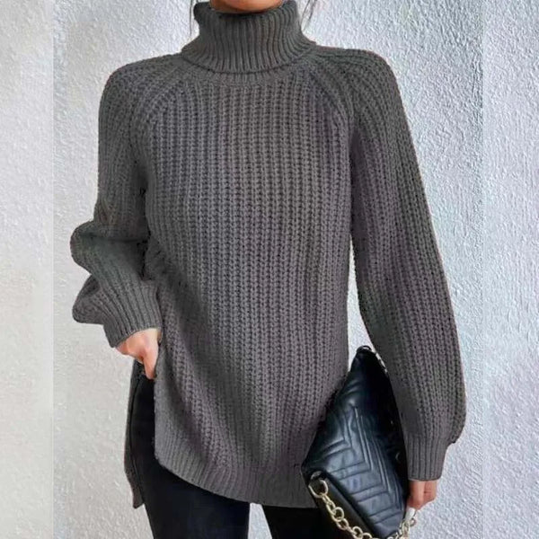 Lily Chunky Ribbed Sweater with High Turtleneck - Dark Gray