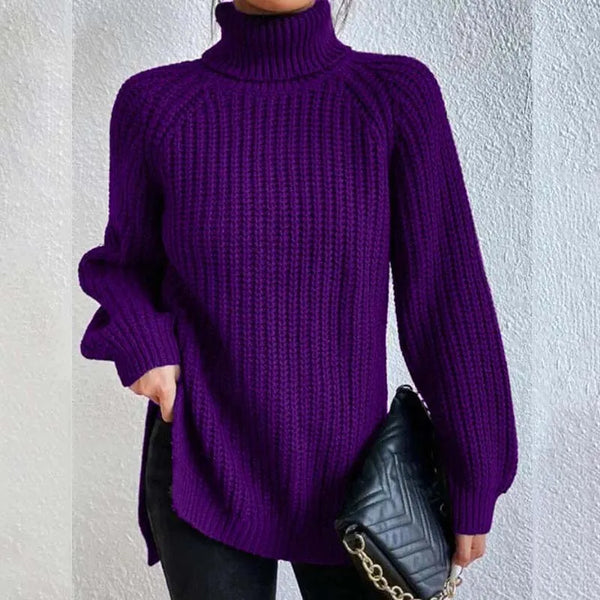 Lily Chunky Ribbed Sweater with High Turtleneck - Purple