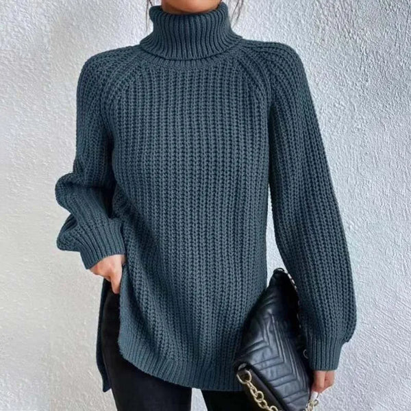 Lily Chunky Ribbed Sweater with High Turtleneck - Dust Blue