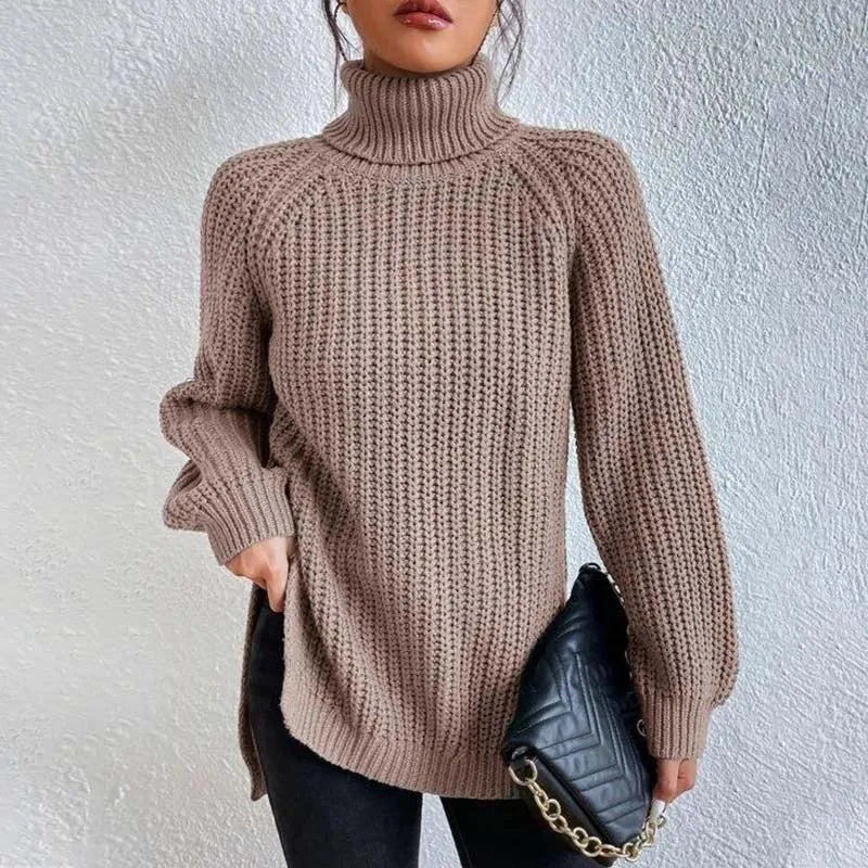 Lily Chunky Ribbed Sweater with High Turtleneck - Khaki