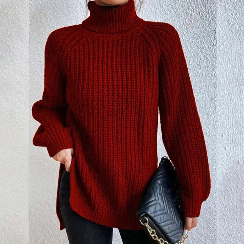 Lily Chunky Ribbed Sweater with High Turtleneck - Wine Red