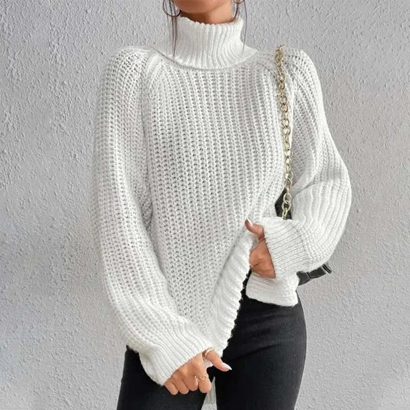 Lily Chunky Ribbed Sweater with High Turtleneck - White