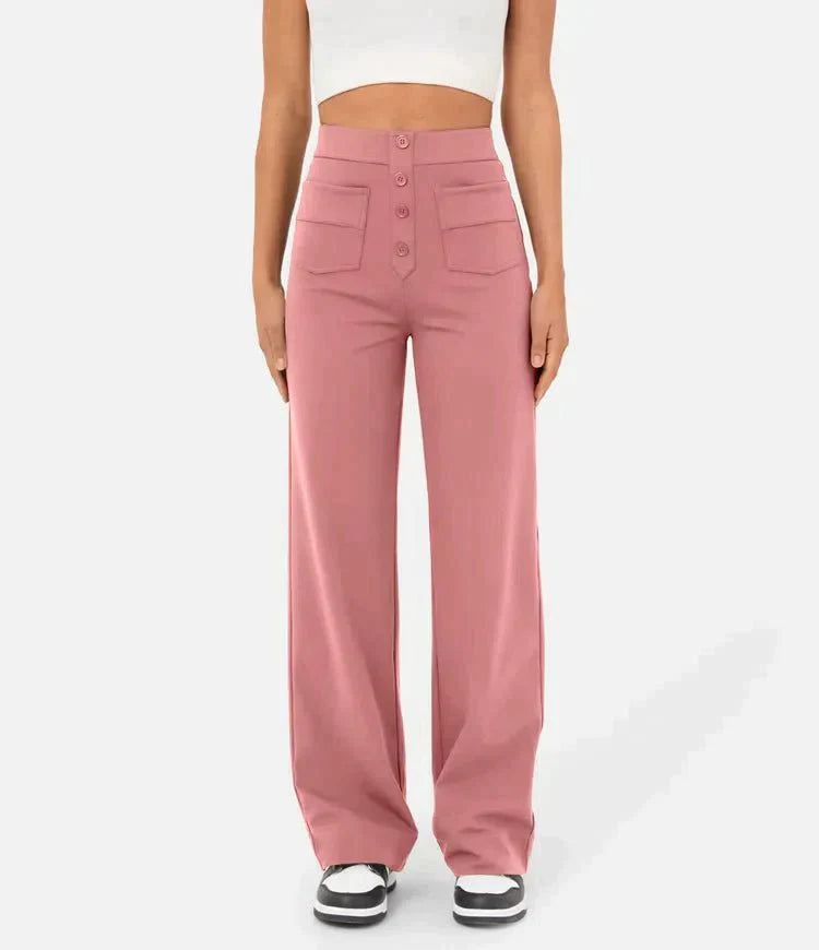 Linnea High-Waist Wide-Leg Pants with Patch Pockets - Pink