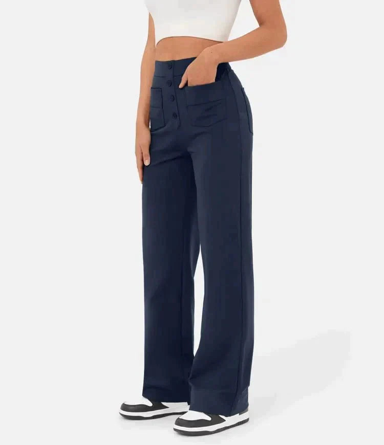Linnea High-Waist Wide-Leg Pants with Patch Pockets - Navy