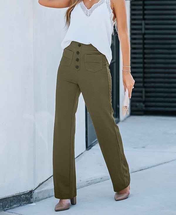 Linnea High-Waist Wide-Leg Pants with Patch Pockets - Green