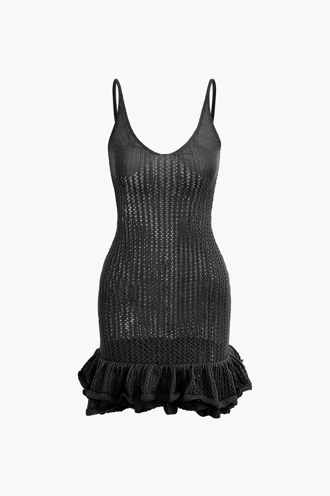 Louane Openwork Knit Mini Dress with Ruffle Hem - Black