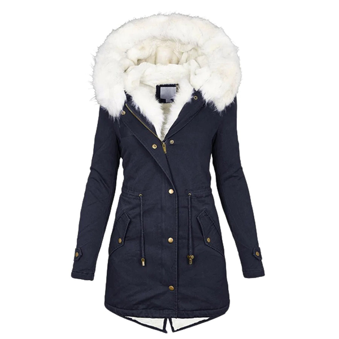Louise Hooded Parka with Plush Lining and Drawstring Waist - Blue