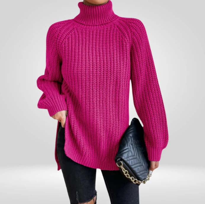 Lucy Chunky Knit Sweater with High Turtleneck - Pink Red