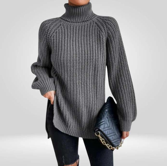Lucy Chunky Knit Sweater with High Turtleneck - Gray