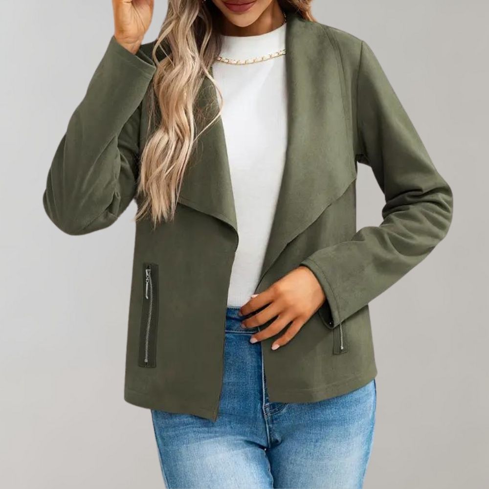 Maiuc Suede-Look Jacket with Waterfall Collar - Olive Green