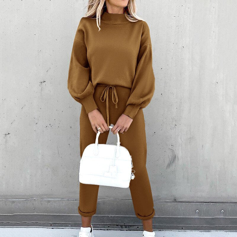 Maren Knit Set with Turtleneck and Tapered Pants - Brown