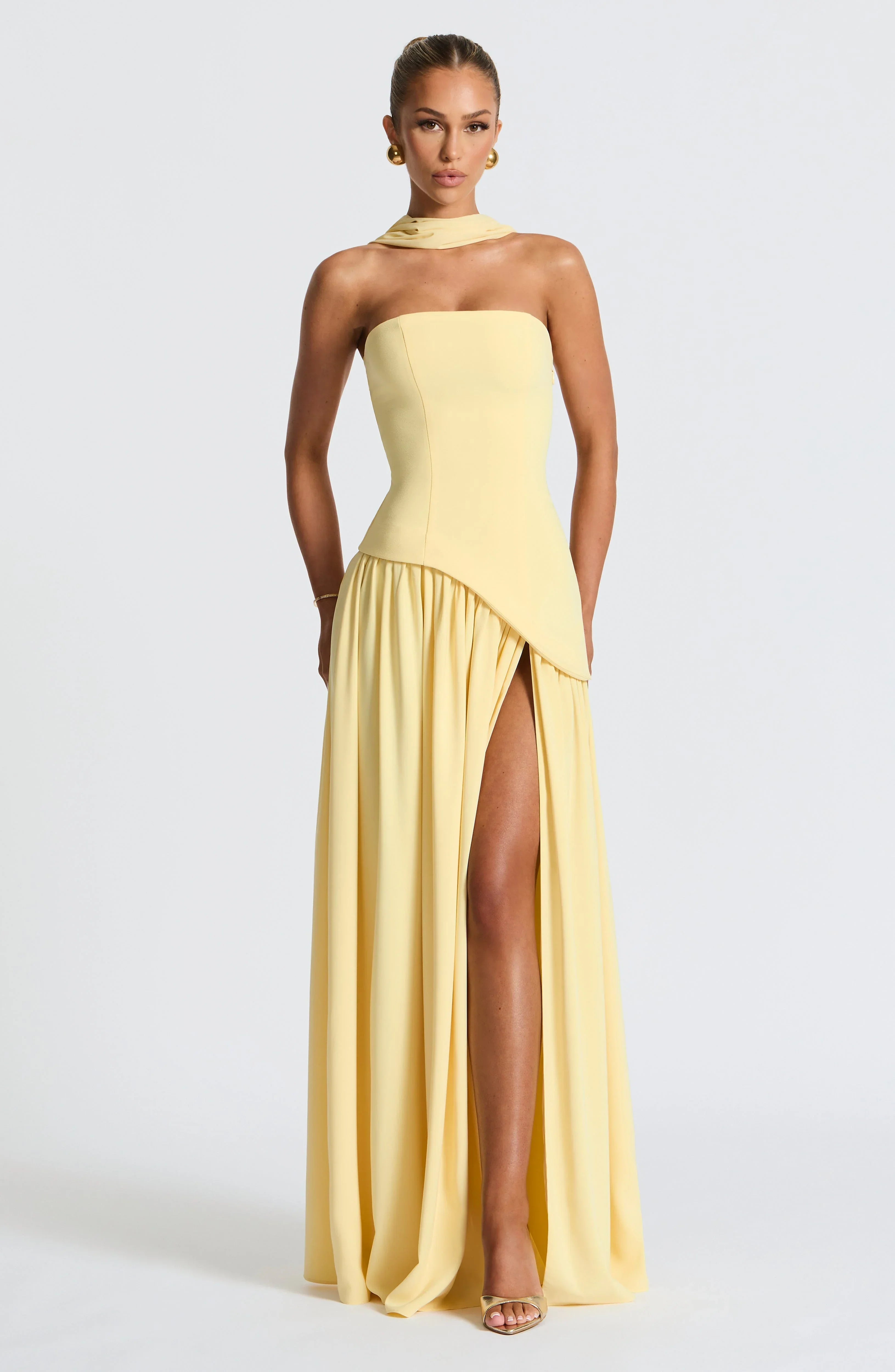 Marlowe Maxi Dress in Strapless Cut with Draped Skirt - Lemon Yellow