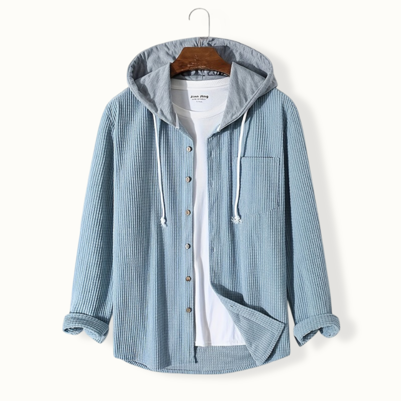 Mia Corduroy Hooded Shirt with Button Front for Women - Sky Blue