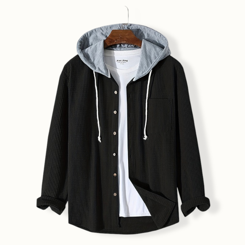 Mia Corduroy Hooded Shirt with Button Front for Women - Black
