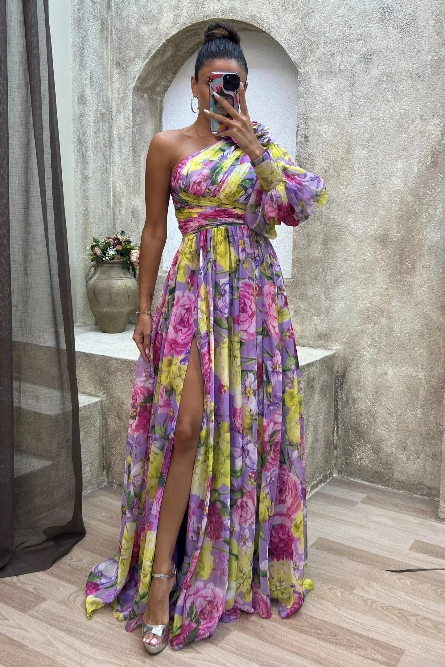 Mireille Floral Maxi Dress with One-Shoulder Cut
