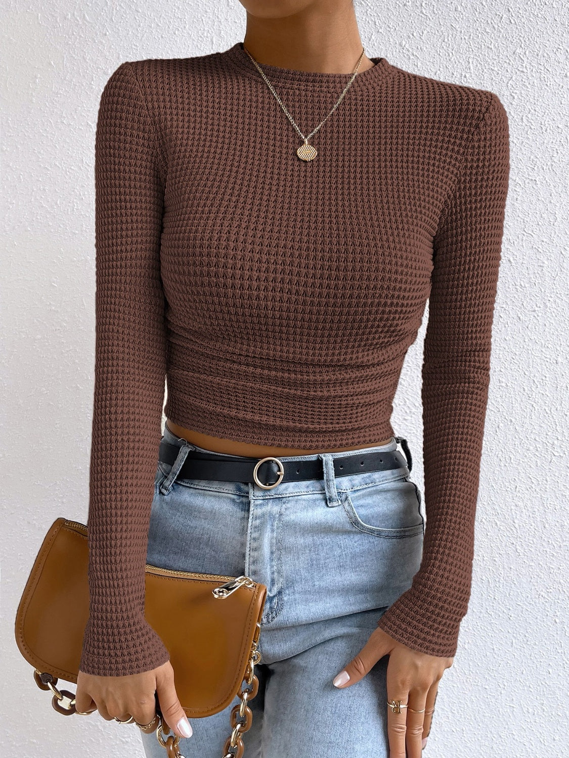 Monica Waffle-Knit Top with Crew Neckline for Women
